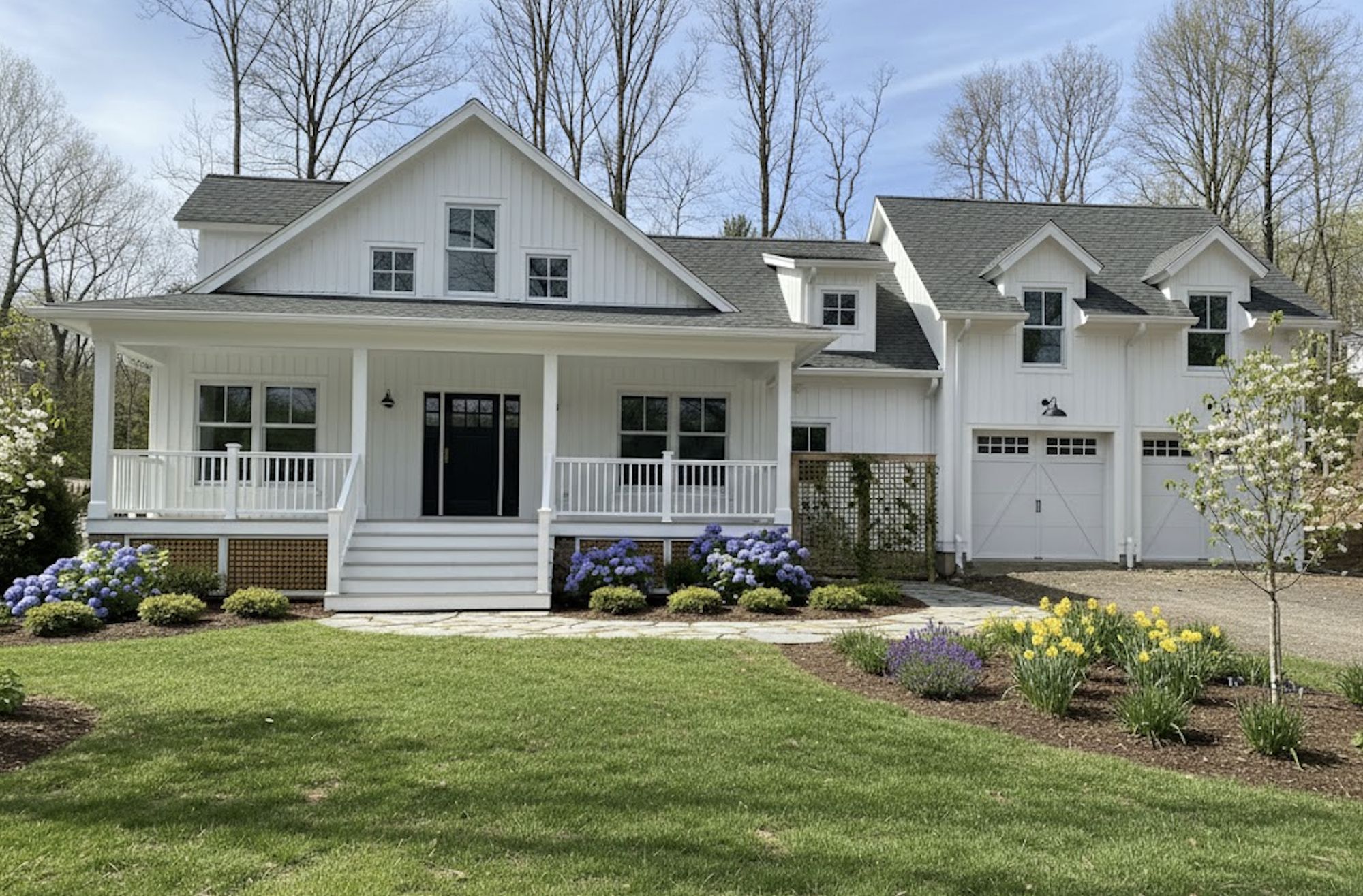White farmhouse-style new build with a full-width front porch